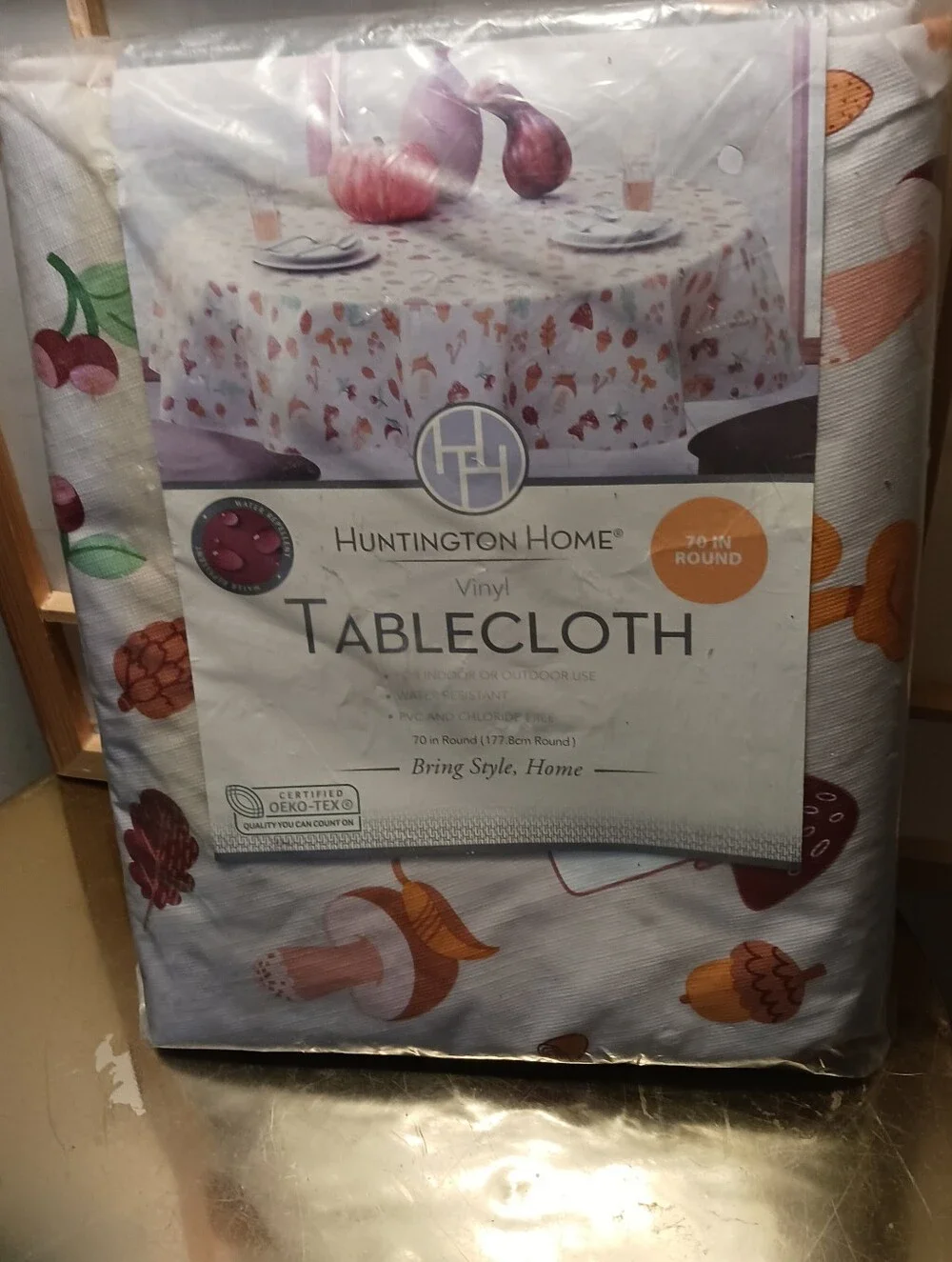 Huntington Home MCM  Pumpkin Acorn Vinyl Tablecloth - White with Orange Accents